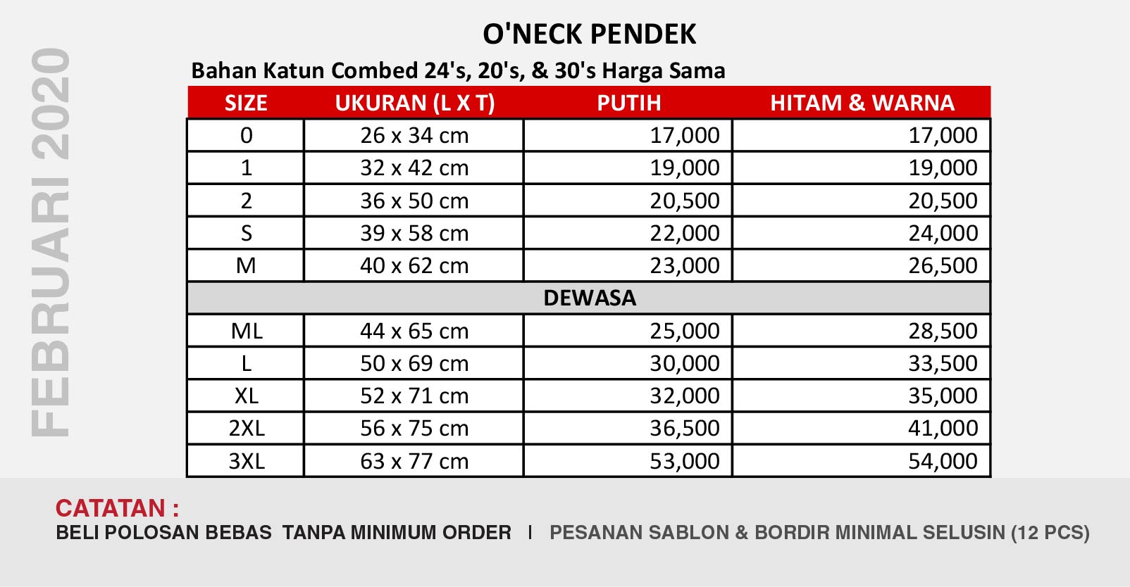 Daftar Harga - Mei 2020 - Pusat Kaos Polos & Sablon Kaos Berkualitas
